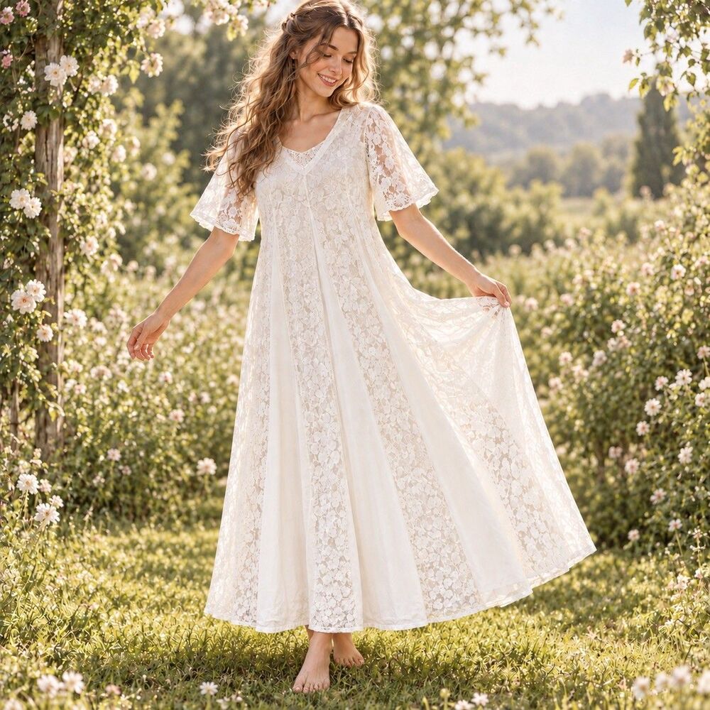 Vtg 90s STARINA White Lace Cottagecore Fairycore Whimical Maxi Dress sz M/L